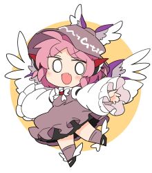 Rule 34 | 1girl, animal ears, bird ears, bird wings, black footwear, blush, brown dress, brown hat, brown socks, dress, fang, feathered wings, frilled dress, frilled sleeves, frills, full body, hat, highres, ini (inunabe00), kneehighs, long sleeves, mystia lorelei, open mouth, outstretched arms, pink hair, shoes, short hair, skin fang, sleeve garter, smile, socks, solo, spread arms, touhou, white wings, wide sleeves, winged footwear, winged hat, wings