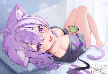 1girl :d ahoge animal_ear_fluff animal_ears barefoot blush breasts cat_ears cat_girl cat_tail cellphone cleavage crossed_bangs fang hair_between_eyes holding holding_phone hololive indoors knees_up large_breasts lens_flare long_sleeves looking_at_viewer lying nekomata_okayu no_bra no_pants on_back open_mouth phone pillow purple_eyes purple_hair purple_tail shirt short_hair signature smile solo tail torakichi_888 virtual_youtuber
