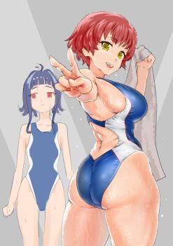 Rule 34 | 2girls, ass, bad id, bad pixiv id, black hair, blue one-piece swimsuit, breasts, brown hair, commentary request, competition swimsuit, curvy, dokiyuri, from behind, highleg, highleg one-piece swimsuit, highres, kakumeiki valvrave, large breasts, looking at viewer, looking back, looking to the side, multiple girls, nanami rion, nobi marie, one-piece swimsuit, red eyes, short hair, sideboob, sidelocks, swimsuit, towel, v, wet, yellow eyes