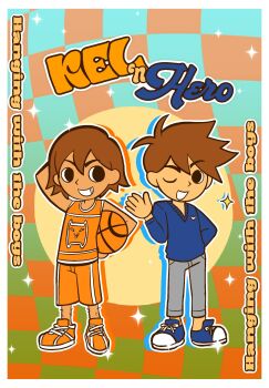 2boys antenna_hair arm_behind_head arm_up black_eyes blue_shoes blue_sweater brothers brown_hair character_name commentary copyright_request dark-skinned_male dark_skin double-parted_bangs english_text grey_pants grin hair_between_eyes hero_(faraway)_(omori) hero_(omori) highres kel_(faraway)_(omori) kel_(omori) leg_hair long_sleeves looking_at_another looking_at_viewer lyuz_(justtoseemeplea) male_focus multiple_boys omori open_mouth orange_shoes orange_shorts pants shoes short_hair shorts siblings smile sneakers sweater teeth