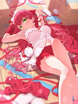 1girl absurdres ahoge animal_ear_hairband animal_ears armpits arms_up asymmetrical_legwear babydoll bow breasts camisole cardigan cat_ear_hairband cat_ears cellphone commentary_request double-parted_bangs fake_animal_ears frilled_babydoll frilled_camisole frilled_shorts frills front_slit green_eyes hair_between_eyes hair_bow hairband highres hololive jewelry long_hair looking_at_viewer lying multiple_views navel necklace official_alternate_costume official_alternate_hairstyle phone red_cardigan red_shorts sakura_miko sakura_miko_(loungewear) sandals short_shorts shorts single_sidelock sleep_mask sleeves_past_wrists smartphone thighhighs uneven_legwear virtual_youtuber white_camisole zuzu_ame