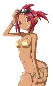 1girl artist_request bikini bracelet dark-skinned_female dark_skin female_focus indian_clothes jewelry navel non-web_source red_eyes red_hair sari sari_sumdac short_twintails smile solo string_bikini sunglasses swimsuit transformers transformers_animated twintails