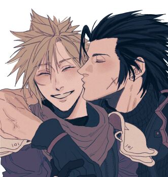2boys arm_around_neck armor black_hair blonde_hair blush closed_eyes cloud_strife crisis_core_final_fantasy_vii cross_scar earrings facial_scar final_fantasy final_fantasy_vii hair_between_eyes hair_slicked_back highres holding_hands ht8207 jewelry kiss kissing_cheek male_focus medium_hair multiple_boys parted_lips scar scar_on_cheek scar_on_face scard shinra_infantry_uniform short_hair shoulder_armor sideburns single_earring sleeveless sleeveless_turtleneck smile spiked_hair suspenders turtleneck upper_body white_background yaoi zack_fair