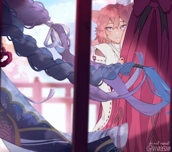 4girls aged_down alternate_costume artist_name blue_sky blurry blurry_background braid closed_mouth commentary depth_of_field english_commentary fox_girl genshin_impact hair_between_eyes hair_ribbon highres japanese_clothes kimono kitsune_saiguu leaning_to_the_side long_braid long_sleeves looking_to_the_side lower_body makoto_(genshin_impact) multiple_girls outdoors peeking_out pink_hair purple_eyes purple_hair purple_kimono purple_ribbon raiden_shogun ribbon single_braid sky solo_focus standing twitter_username vi03520 wide_sleeves yae_miko