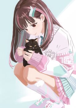 1girl absurdres animal blue_streaks brown_eyes brown_hair cardigan cat closed_mouth cobwvmeti hair_ornament hashtag-only_commentary highres holding holding_animal holding_cat idolmaster idolmaster_shiny_colors long_hair long_sleeves looking_at_animal multicolored_hair pink_cardigan pink_streaks shoes skirt sleeves_past_wrists smile socks solo sonoda_chiyoko squatting streaked_hair white_socks