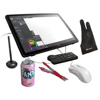 artist_glove black_gloves can clip_studio_paint computer_mouse controller drink_can fanta fingerless_gloves gloves highres object_focus original pen simple_background soda_can stylus white_background zmeinir