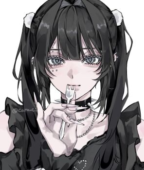 1girl bead_necklace beads black_choker black_hair black_shirt caru_c1 choker closed_mouth commentary ear_piercing eyebrow_piercing face_piercing fingernails fork grey_eyes hair_between_eyes hair_intakes hair_ornament hand_up highres holding holding_fork jewelry jirai_kei long_hair looking_at_viewer necklace original piercing pom_pom_(clothes) pom_pom_hair_ornament portrait sharp_fingernails shirt simple_background solo spiked_choker spikes straight-on symbol-only_commentary twintails white_background