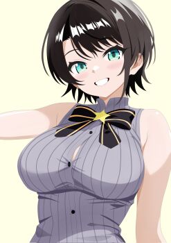 1girl bare_shoulders black_bow black_buttons black_hair blue_eyes blush bow bowtie breasts button_gap buttons commentary_request highres hololive large_breasts oozora_subaru philip98267134 pinstripe_pattern pinstripe_shirt shirt short_hair sleeveless smile solo star_(symbol) striped_clothes striped_shirt swept_bangs vertical-striped_clothes vertical-striped_shirt virtual_youtuber