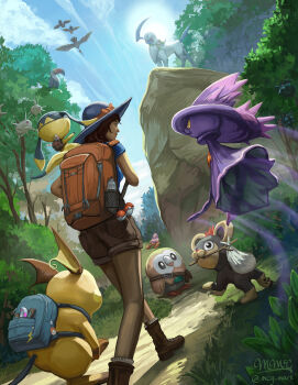 1girl absol backpack bag bird blue_hat blue_sky boots brown_boots brown_shorts cascoon day forest gen_1_pokemon gen_3_pokemon gen_4_pokemon gen_6_pokemon gen_7_pokemon hat helioptile highres litleo mcgmark mismagius nature nintendo outdoors path pokemon pokemon_(creature) raichu road rowlet short_shorts short_sleeves shorts signature sky tree walking