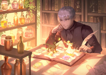1boy 1girl black_shirt black_vest book bookshelf bottle breath_weapon breathing_fire chair closed_mouth commentary desk dragon english_commentary feathers fire grey_eyes grey_hair hair_between_eyes holding holding_quill indoors jar long_sleeves looking_at_viewer lydialing_draws mini_person minigirl on_chair open_book paper potion quill shelf shirt short_hair sitting small_dragon smile the_ink_apprentice undersized_animal vest
