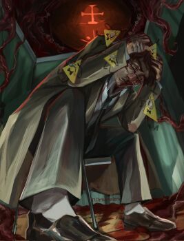 Rule 34 | 1boy, bandaged hand, bandages, beard stubble, bill cipher, black necktie, blood, blood on hands, broken eyewear, brown hair, chair, coat, collared shirt, commentary, creature, crying, crying with eyes open, eldritch abomination, english commentary, facial hair, ford pines, from below, full body, glasses, gravity falls, grey coat, highres, n0cturnalcm, necktie, shirt, sideburns, sitting, stubble, tears, teeth, tentacles, too many clones, white shirt, wide-eyed