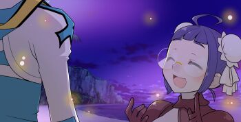 Rule 34 | 1boy, 1girl, :d, ahoge, arch bishop (ragnarok online), beach, blue shirt, blunt bangs, blush, brown gloves, bun cover, cliff, closed eyes, commentary request, double bun, fireflies, glasses, gloves, hair bun, iyofika, jacket, merchant (ragnarok online), night, ocean, open mouth, outdoors, purple hair, purple sky, ragnarok online, rimless eyewear, shirt, short bangs, short hair, sky, smile, solo focus, water, white jacket
