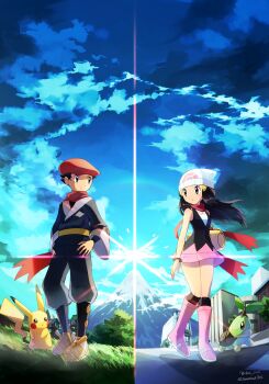 1boy 1girl absurdres black_eyes black_hair black_pants black_shirt black_socks blue_kimono blue_sky boots cloud dawn_(pokemon) day floating_hair full_body gen_1_pokemon gen_4_pokemon hair_ornament hairclip hands_on_own_hips highres japanese_clothes kimi_no_na_wa. kimono knee_boots long_hair long_sleeves miniskirt nintendo outdoors pants pikachu pink_boots pink_skirt pokemon pokemon_(creature) pokemon_legends:_arceus print_headwear red_headwear rei_(pokemon) sawarabi_(sawarabi725) shirt short_hair skirt sky sleeveless sleeveless_shirt socks split_screen standing turtwig twitter_username volcano white_headwear