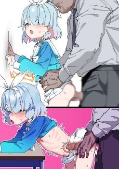 1boy 1girl absurdres arona_(blue_archive) balloon_womb black_pants blue_archive blue_eyes blue_hair blue_necktie blue_shirt blush bow bow_hairband braid breasts censored colored_inner_hair commentary cum cum_in_pussy desk ejaculation hair_bow hair_over_one_eye hairband halo hetero highres internal_cumshot loli long_sleeves miniskirt mosaic_censoring mozako multicolored_hair navel necktie nipples open_mouth orange_halo pants penis pink_hair pleated_skirt puffy_long_sleeves puffy_sleeves sailor_collar sailor_shirt school_desk school_uniform serafuku sex sex_from_behind shirt short_hair side_braid single_braid skirt small_breasts tongue tongue_out two-tone_hair uterus vaginal white_bow white_hairband white_sailor_collar white_skirt x-ray