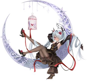 1girl absurdres alternate_costume arms_up birdcage black_dress black_halo black_necktie black_shoes black_tiara blue_archive breasts brown_pantyhose cage crescent dark-skinned_female dark_skin demon_tail demon_wings detached_sleeves dress flower full_body grey_hair hair_flower hair_intakes hair_ornament hair_over_one_eye halo hashtag-only_commentary heart high_heels highres iori_(blue_archive) long_hair long_sleeves medium_breasts necktie pantyhose parted_lips purple_wings red_eyes red_flower red_rose rinringyo rose see-through_clothes see-through_sleeves shoes simple_background sitting solo star_(symbol) tail thighband_pantyhose tiara twintails very_long_hair white_background wings