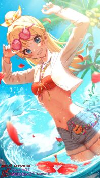 1girl absurdres animal_charm arms_up beach bikini blonde_hair blue_eyes blue_hair blue_shorts blue_sky blush bow charm_(object) chow_chow cloud coconut_tree commentary_request cowboy_shot cropped_jacket dated day denim denim_shorts dutch_angle falling_petals fang flower glasses grin hair_bow hair_bun halterneck happy_birthday hibiscus highres holding holding_removed_eyewear jacket jacket_over_swimsuit light_blue_hair link!_like!_love_live! long_hair long_sleeves looking_at_viewer love_live! navel official_alternate_costume open_clothes open_fly open_jacket orange_bikini osawa_rurino osawa_rurino_(swimsuit) outdoors palm_tree petals pink-framed_eyewear pink-tinted_eyewear red_flower roze_(ro_z7) short_shorts shorts signature single_hair_bun sky smile solo stomach striped_bow swimsuit tinted_eyewear tree unworn_eyewear vertical-striped_bow wading waves white_jacket yellow_bow