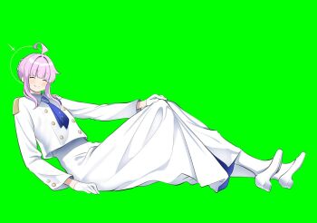 Rule 34 | 1girl, blue archive, breasts, green background, jacket, kaya (blue archive), moredetale, pantyhose, pink hair, simple background, sitting, skirt, small breasts, solo, twitter, white jacket, white pantyhose, white skirt