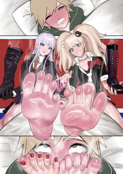 1boy 2girls barefoot blonde_hair boots cum danganronpa:_trigger_happy_havoc danganronpa_(series) ejaculation enoshima_junko feet foot_focus grey_eyes grin handjob highres kirigiri_kyoko koukou_panchi long_hair looking_at_viewer multiple_girls naegi_makoto purple_eyes purple_hair shoes smell smelling smile soles steam sweat toes twintails unworn_boots unworn_shoes