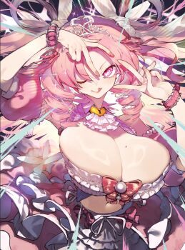 1girl breasts character_request cleavage commentary_request copyright_request detached_sleeves drill_hair frilled_shirt frilled_skirt frills heart heart-shaped_pupils highres huge_breasts hyocorou layered_skirt licking_lips long_hair looking_at_viewer mole mole_on_breast navel one_eye_closed pink_eyes pink_hair puffy_short_sleeves puffy_sleeves shirt short_sleeves skirt solo stomach symbol-shaped_pupils tiara tongue tongue_out twin_drills wrist_cuffs