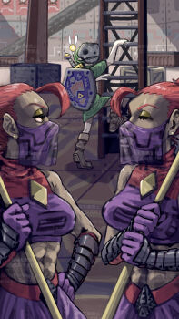 1boy 2girls abs blonde_hair boots climbing_ladder crate dark-skinned_female dark_skin ear_piercing eyeshadow fairy full_body gauntlets gerudo gus_uur hand_on_own_hip hat highres holding holding_weapon ladder link looking_at_another looking_back makeup mask multiple_girls muscular muscular_female nintendo piercing pointy_ears polearm ponytail red_hair scabbard sheath shield shield_on_back stone_mask sword tatl the_legend_of_zelda the_legend_of_zelda:_majora&#039;s_mask tunic upper_body weapon