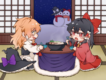 2girls apron ascot black_hair black_hat black_skirt black_vest blanket blonde_hair blush bow bowl braid character_snowman chinese_commentary chopsticks collar commentary_request dotera_(clothes) eating eyelashes frills hair_bow hair_tubes hakurei_reimu happy hat hat_bow hitte5416 holding holding_chopsticks hotpot kirisame_marisa kotatsu long_hair long_sleeves multiple_girls nabe no_headwear open_mouth pink_scarf purple_bow red_bow red_eyes red_scarf red_shirt red_skirt scarf shirt side_braid sidelocks sitting skirt skirt_set smile snow snowing snowman steam table tatami touhou under_kotatsu under_table unworn_headwear vest waist_apron white_apron white_bow white_collar winter witch_hat yellow_ascot yellow_eyes