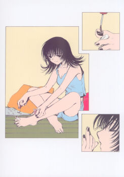 00s 1girl 2002 black_hair breasts chobits clamp clamp_(circle) comic full_body highres medium_breasts medium_hair nail_polish official_art painting_nails postcard_(medium) shimizu_takako_(chobits) silent_comic sitting sleepwear toenail_polish toenails