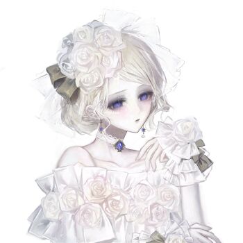 Rule 34 | 1girl, artist request, blonde hair, brown ribbon, chinese commentary, choker, collarbone, commentary request, commission, dress, dress flower, earrings, fingernails, flower, gem, hair bun, hair flower, hair ornament, hand up, highres, identity v, jewelry, long sleeves, off-shoulder dress, off shoulder, parted bangs, parted lips, purple eyes, purple gem, ribbon, second-party source, see-through clothes, see-through veil, sidelocks, solo, transparent background, variant set, veil, vera nair, vera nair (tonight or never), white choker, white veil, white wrist cuffs, wrist cuffs