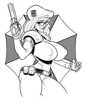 belt beret breasts crossover eyewear_on_head final_fantasy greyscale groove1121 gun hat highres holding holding_weapon large_breasts long_hair looking_at_viewer monochrome one-piece_swimsuit original resident_evil shoulder_pads soothing_ruby_(eirgallant) swimsuit umbrella_corporation_(logo) weapon