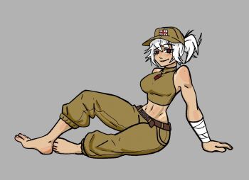 Rule 34 | 1girl, bandaged arm, bandages, bare shoulders, barefoot, breasts, crop top, feet, full body, georgian flag, grey background, long hair, looking at viewer, medium breasts, midriff, navel, nika (usergore), original, pants, russo-ukrainian war, short hair, simple background, smile, snow draw, solo, toes, white hair
