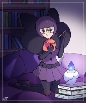1girl blunt_bangs bob_cut book bow breasts candle elbow_gloves fire gen_5_pokemon ghost glasses gloves graynacht highres holding holding_book holding_pen large_bow litwick low-cut medium_breasts neck_pillow nintendo pantyhose pen pokemon pokemon_(creature) pokemon_bw purple_fire purple_hair purple_skirt rimless_eyewear round_eyewear shauntal_(pokemon) short_hair skirt smile