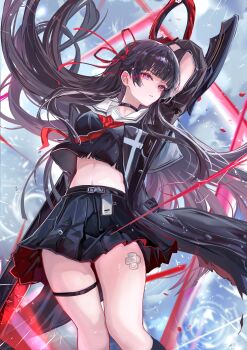 1girl absurdres arm_up black_choker black_hair black_jacket black_serafuku black_shirt black_skirt breasts chisa_(wuthering_waves) choker commentary crop_top floating_hair hair_floating_upwards hair_ribbon highres holding holding_sword holding_weapon id_card jacket long_hair looking_at_viewer medium_breasts mole mole_under_eye neckerchief parted_lips red_eyes red_neckerchief red_ribbon ribbon sailor_collar school_uniform serafuku shirt skirt solo sword symbol-only_commentary thigh_strap thighs vardan weapon white_sailor_collar wuthering_waves