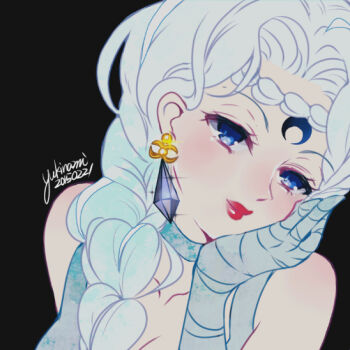 Rule 34 | 10s, 1990s (style), 1girl, 2015, beruche (sailor moon), bishoujo senshi sailor moon, bishoujo senshi sailor moon r, black background, black moon clan, blue eyes, blue gloves, blue hair, blush, braid, braided bangs, choker, close-up, crescent, crescent facial mark, crystal earrings, dated, earrings, facial mark, female focus, forehead mark, gloves, hair over shoulder, hand on own cheek, hand on own face, jewelry, lipstick, long hair, makeup, matching hair/eyes, red lips, retro artstyle, signature, smile, solo, upper body, yukinami (paru26i)