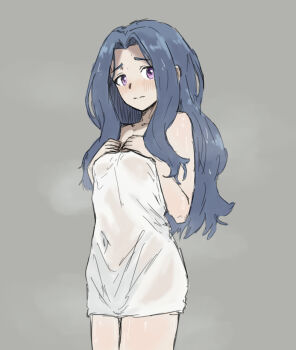 1girl bad_link bare_shoulders blush breasts drawfag grey_background grey_hair hands_up long_hair melty_q_melromarc naked_towel purple_eyes simple_background sketch small_breasts standing tate_no_yuusha_no_nariagari towel very_long_hair