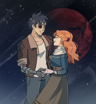 Rule 34 | 1boy, 1girl, absurdres, alternate costume, ariespetal, black hair, blue shirt, brown jacket, brown skirt, closed eyes, collarbone, commentary, diana (kyokugen dasshutsu), earth (planet), eyepatch, flower, freckles, grey pants, hair flower, hair ornament, highres, jacket, jewelry, kyokugen dasshutsu, kyokugen dasshutsu adv: zennin shibou desu, long sleeves, mechanical arms, necklace, open clothes, open jacket, open mouth, orange hair, pants, planet, shirt, short hair, sigma (kyokugen dasshutsu), skirt, smile, space, spoilers, star (sky), teeth, upper teeth only, white shirt, zero escape: toki no dilemma