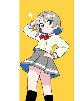 1girl absurdres arm_up black_socks blue_eyes blush brown_hair chibi from_behind from_below grey_sailor_collar grey_skirt hand_on_own_hip highres jorang_(jorang08) legs looking_at_viewer love_live! love_live!_sunshine!! midriff midriff_peek necktie pleated_skirt sailor_collar salute school_uniform serafuku simple_background skirt smile socks solo teeth thighs uranohoshi_school_uniform watanabe_you wavy_hair winter_uniform