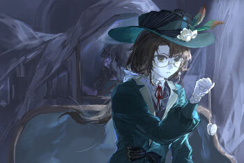 Rule 34 | 1girl, absurdres, brown hair, chinese commentary, collared shirt, commentary request, dark background, eyewear strap, flower, glasses, gloves, green eyes, green hat, green jacket, hat, hat feather, hat flower, highres, holding, holding pocket watch, isolde (reverse:1999), jacket, kakania (reverse:1999), long hair, makabakabakama, mirror, neck ribbon, parted lips, picture hat, pocket watch, ponytail, red ribbon, reverse:1999, ribbon, round eyewear, shirt, sidelighting, solo, upper body, watch, white gloves, white shirt, yellow flower