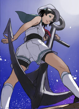 Rule 34 | 1girl, anchor, black hair, black wetsuit, bodysuit, bodysuit under clothes, commentary request, feet out of frame, from below, gradient background, green eyes, hat, highres, junny, looking back, murasa minamitsu, neckerchief, red neckerchief, shirt, short hair, shorts, socks, solo, standing, touhou, white hat, white shirt, white shorts, white socks
