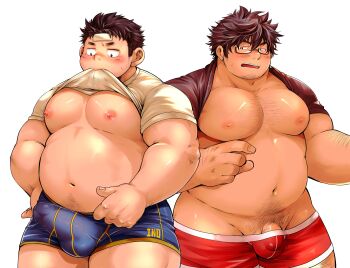 2boys absurdres bara belly blue_male_underwear blush boxers brown_hair bulge clothes_in_mouth clothes_lift cold_pack commentary_request ellie_saionji fat glasses highres inomori_shigenari_(tamacolle) looking_at_another male_focus male_underwear mouth_hold multiple_boys navel nipples open_mouth penis penis_peek pubic_hair red_male_underwear shirt_in_mouth shirt_lift soma_ren_(tamacolle) sparse_arm_hair sparse_chest_hair sweat tamacolle underwear white_background
