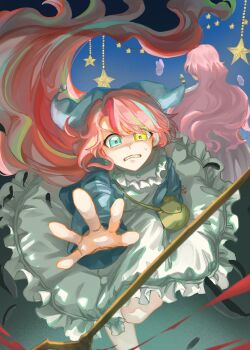 Rule 34 | 1girl, absurdres, bag, blonde hair, blue eyes, blue hair, bug, butterfly, dress, heterochromia, highres, insect, jikishirone, jikishirone (host), long hair, long sleeves, madan no ichi, majik (madan no ichi), multicolored hair, open mouth, pink hair, puffy dress, shoulder bag, sweatdrop, tomori (inoutomori), yellow bag, yellow eyes