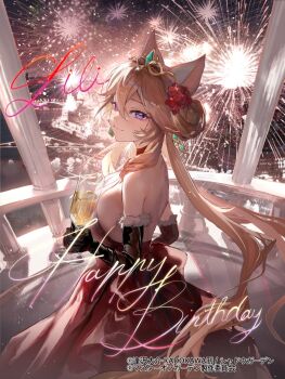 1girl aerial_fireworks animal_ears black_gloves blonde_hair cat_ears cat_girl cat_tail champagne_flute character_name closed_mouth commentary_request cup dress drinking_glass elbow_gloves english_text fireworks flower gloves hair_between_eyes hair_flower hair_ornament happy_birthday holding holding_cup kage_no_jitsuryokusha_ni_naritakute! kage_no_jitsuryokusha_ni_naritakute!_master_of_garden light_smile lili_(kagejitsu) long_hair looking_at_viewer official_art purple_eyes red_dress solo tail tiara very_long_hair