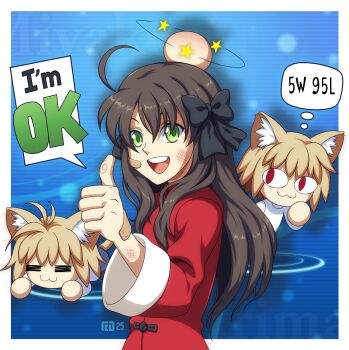 Rule 34 | 3girls, :3, ahoge, animal ear fluff, animal ears, arima miyako, black bow, blonde hair, blue background, border, bow, brown hair, cat ears, cat girl, character name, chinese clothes, commentary, dress, english commentary, fingerprint, green eyes, hair bow, head bump, highres, long hair, long sleeves, looking at viewer, melty blood, melty blood: type lumina, multiple girls, neco-arc, neco spirit, open mouth, outside border, red eyes, redzippie, scuffed, short hair, skirt, smile, solo focus, star (symbol), tail, talking, thumbs up, tsukihime, tsukihime (remake), white border