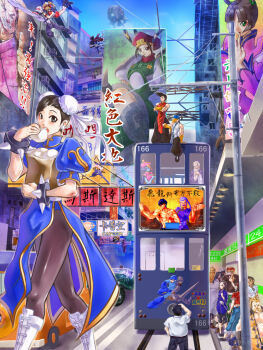 1990s_(style) 6+boys 6+girls ace_attorney alex_(street_fighter) armor back-to-back baseball_cap beard black_eyes black_hair blonde_hair blue_skin blush boots bracelet braid brown_eyes brown_hair bun_cover bus capcom car china_dress chinese_clothes chun-li clenched_hand colored_skin con-tex crossed_arms crossover cyberbots darkstalkers data_(mega_man) double_bun dress dudley earrings eating effie_(street_fighter) everyone facial_hair fat fat_man fei_long felicia_(darkstalkers) fighting_stance finger_to_mouth food full_armor g_gundam gen_(street_fighter) godot_(ace_attorney) grin gundam hair_bun hat headband helmet hibiki_dan hsien-ko hug jewelry jiangshi june_lin_milliam justice_gakuen knight lance lilith_(darkstalkers) lost_planet makaimura master_asia mecha mega_man_(character) mega_man_(classic) mega_man_(series) met_(mega_man) minazuki_kyoko monkey morrigan_aensland motor_vehicle multiple_boys multiple_crossover multiple_girls muscular mustache necro_(street_fighter) open_mouth oro oro_(street_fighter) outdoors pantyhose pelvic_curtain phoenix_wright:_ace_attorney_-_trials_and_tribulations polearm ponytail power_stone ptx-40a q-bee q_(street_fighter) retro_artstyle robot rufus_(street_fighter) sign silver_hair sir_arthur_(makaimura) sitting smile spear spiked_bracelet spikes street_fighter street_fighter_iii_(series) street_fighter_iv_(series) strider_hiryuu super-8 tao_(warzard) thumbs_up topless_male train wang-tang warzard weapon yang_lee yun_lee