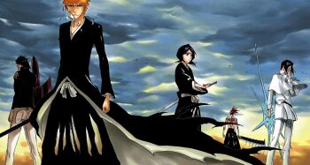 1girl 4boys back_tattoo bankai belt black_hair bleach blue_hair bow_(weapon) breasts broken_mask brown_eyes brown_hair closed_mouth dark-skinned_male dark_skin glasses holding holding_bow_(weapon) holding_sword holding_weapon ishida_uryuu japanese_clothes kubo_tite kuchiki_rukia kurosaki_ichigo long_sleeves mask medium_hair multiple_boys official_art orange_hair pants sado_yasutora second-party_source shihakusho shikai short_hair small_breasts sword tattoo tensa_zangetsu_(bankai) topless_male weapon zabimaru_(shikai) zanpakutou