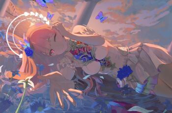 Rule 34 | 1girl, ;), bare shoulders, breasts, bug, butterfly, cyrene (honkai: star rail), cyrene (ripples of past reverie) (honkai: star rail), diamond-shaped pupils, diamond (shape), dowha0124, dress, flower, hair flower, hair ornament, halo, highres, honkai: star rail, honkai (series), insect, large breasts, long hair, looking at viewer, lying, ocean, on side, one eye closed, pink hair, purple eyes, reaching, reaching towards viewer, smile, solo, symbol-shaped pupils, thighs, very long hair, white dress