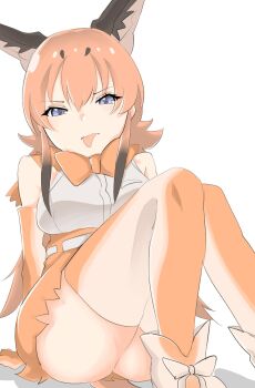 1girl :p animal_ear_fluff animal_ears ass bare_shoulders belt black_hair blue_eyes bow bowtie breasts caracal_(kemono_friends) commentary_request elbow_gloves gloves hair_between_eyes high-waist_skirt highres kamisamanosaba kemono_friends kemono_friends_v_project knees_up long_hair looking_at_viewer medium_breasts miniskirt multicolored_hair orange_bow orange_bowtie orange_gloves orange_hair orange_skirt orange_tail orange_thighhighs shirt sidelocks simple_background sitting skirt sleeveless sleeveless_shirt solo tail thighhighs tongue tongue_out traditional_bowtie v-shaped_eyebrows very_long_hair virtual_youtuber white_background white_belt white_shirt