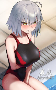 1girl absurdres ahoge arm_under_breasts artist_name black_one-piece_swimsuit blush breasts covered_navel embarrassed fate/grand_order fate_(series) furrowed_brow highres jeanne_d'arc_alter_(fate) large_breasts looking_at_viewer omte97 one-piece_swimsuit pool red_one-piece_swimsuit short_hair swimsuit thighs two-tone_swimsuit white_hair yellow_eyes