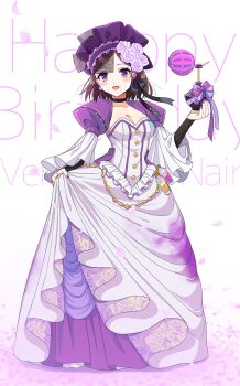 1girl :d alternate_costume black_choker black_ribbon black_veil blush bob_cut bottle breasts brown_hair chain character_name choker cleavage clothes_pull corset dress dress_pull earrings floating_clothes floating_hair flower full_body gem gold_chain hair_flower hair_ornament happy_birthday highres identity_v jewelry kurobara lace lace_veil light_blush long_dress medium_breasts mole mole_under_eye open_mouth pearl_earrings perfume_bottle puffy_sleeves purple_eyes purple_gemstone purple_nails purple_theme ribbon rose see-through_clothes see-through_veil short_hair smile solo three-quarter_sleeves veil vera_nair white_flower white_rose wide_sleeves