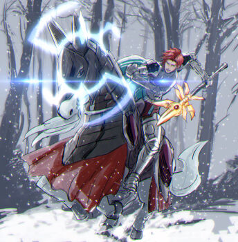 aqua_cape armor cape commentary_request fire_emblem fire_emblem:_three_houses forest holding holding_polearm holding_weapon horseback_riding ing0123 lance_of_ruin nature nintendo polearm red_hair riding sylvain_jose_gautier sylvain_jose_gautier_(timeskip) weapon