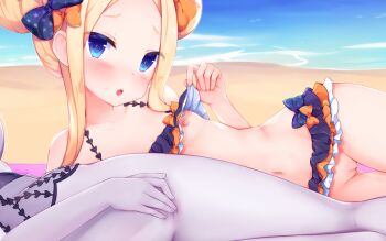 2girls abigail_williams_(fate) beach bikini black_bikini black_bow blonde_hair blush bow breasts cleft_of_venus day double_bun emerald_float fate/grand_order fate_(series) fingernails grey_skirt hair_bow hair_bun head_tilt lavinia_whateley_(emerald_float)_(fate) lavinia_whateley_(fate) long_hair looking_at_viewer multiple_girls navel nipples nyatrix official_alternate_costume orange_bow outdoors parted_lips print_bow pussy sand side_bun sidelocks single_side_bun skirt small_breasts star_(symbol) star_print swimsuit thigh_gap uncensored water
