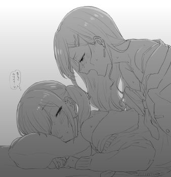 2girls akkgsyk azusawa_kohane bare_shoulders blazer blush cardigan earrings from_side girl_on_top gradient_background hair_ornament hair_over_one_eye hairclip half-closed_eyes hickey highres hugging_object jacket jewelry loose_necktie lying monochrome multiple_girls necktie off_shoulder on_stomach open_cardigan open_clothes open_jacket open_mouth parted_lips pillow pillow_hug profile project_sekai school_uniform shiraishi_an strap_slip sweat teeth translation_request twintails upper_teeth_only yuri